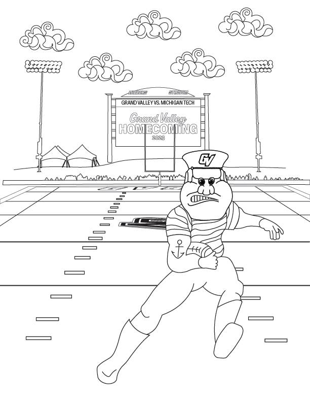 Coloring page of Louie the Laker playing football.